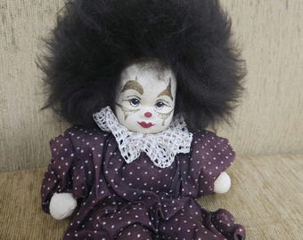 Poupée Pierrot vintage. Clown arlequin à collectionner. Poupée d'art décoratif.