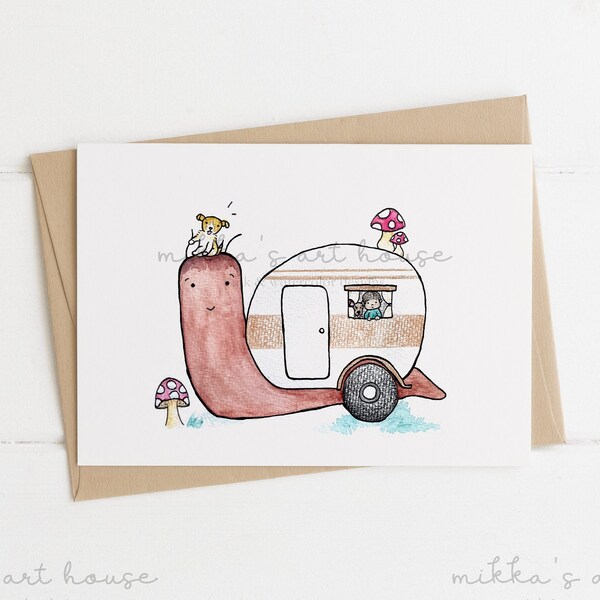 Snail Camper Friends Greeting Card | Eco-Friendly Recycled Hand-painted Watercolor | Valentine's Friendship Camping Dog Lover Cute Card