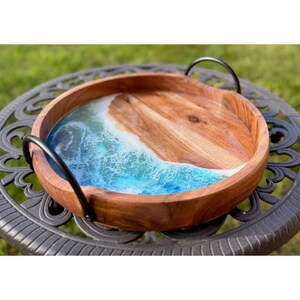 Resin Ocean Serving Tray, Acacia Wood, Wedding Gifts, Anniversary