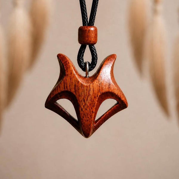 Collar con colgante de zorro, tótem de zorro de madera tallado a mano, amuleto de animal del bosque, espíritu del bosque, joyería pagana wicca.