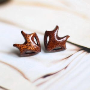 Small Wooden Fox Head Stud Earrings. Wood Carving Kitsune