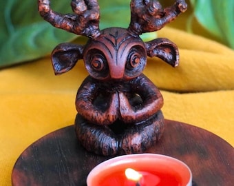 Horned God Cernunnos – Seated Forest Spirit, Hand Carved Wood Miniature, Pagan Fertility Symbol, Mystical Decor