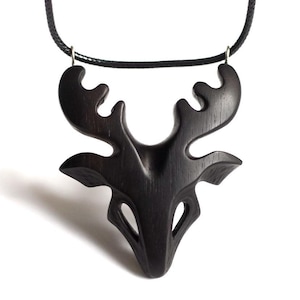 Wood carved Deer necklace. Wiccan forest spirit pendant. Minimalist woodland animals jewelry. Ebony wood totem animals. Dark academia