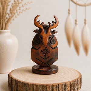 Cernunnos Statue, Horned God Wooden Figurine, Hand Carved Pagan Altar Decor, Celtic Forest Deity Sculpture, Wiccan God Idol