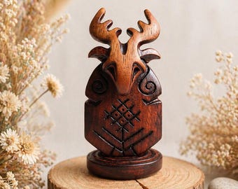 Wooden Cernunnos Statue – Horned God of the Forest, Hand Carved Wooden Pagan Figurine, Wiccan Altar Decor