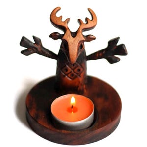 Wood carving Cernunnos figurine. Pagan Fertility gods statues. Mystical horned creatures. Wiccan decor