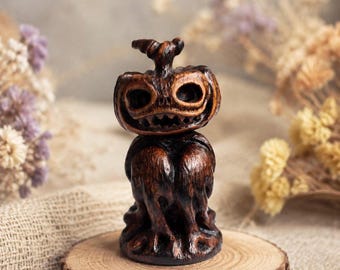 Mystical Pumpkin Ghost Wooden Figurine – Hand Carved Halloween Decor, Rustic Spooky Cottagecore Sculpture, Gothic Fall Shelf Decor