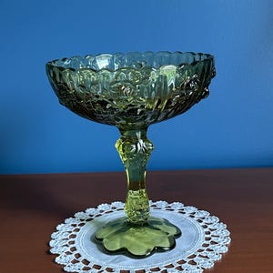 Vintage Fenton Green Cabbage Rose Pedestal Compote
