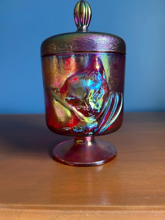 Vintage Fenton Art Glass Red Carnival Chessie Cat Covered Jar 1991