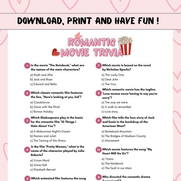 Celebrate Love with a Romantic Movie Quiz! 12 Multiple Choice Questions for Your Valentine's Day Party - Printable PDF Included!