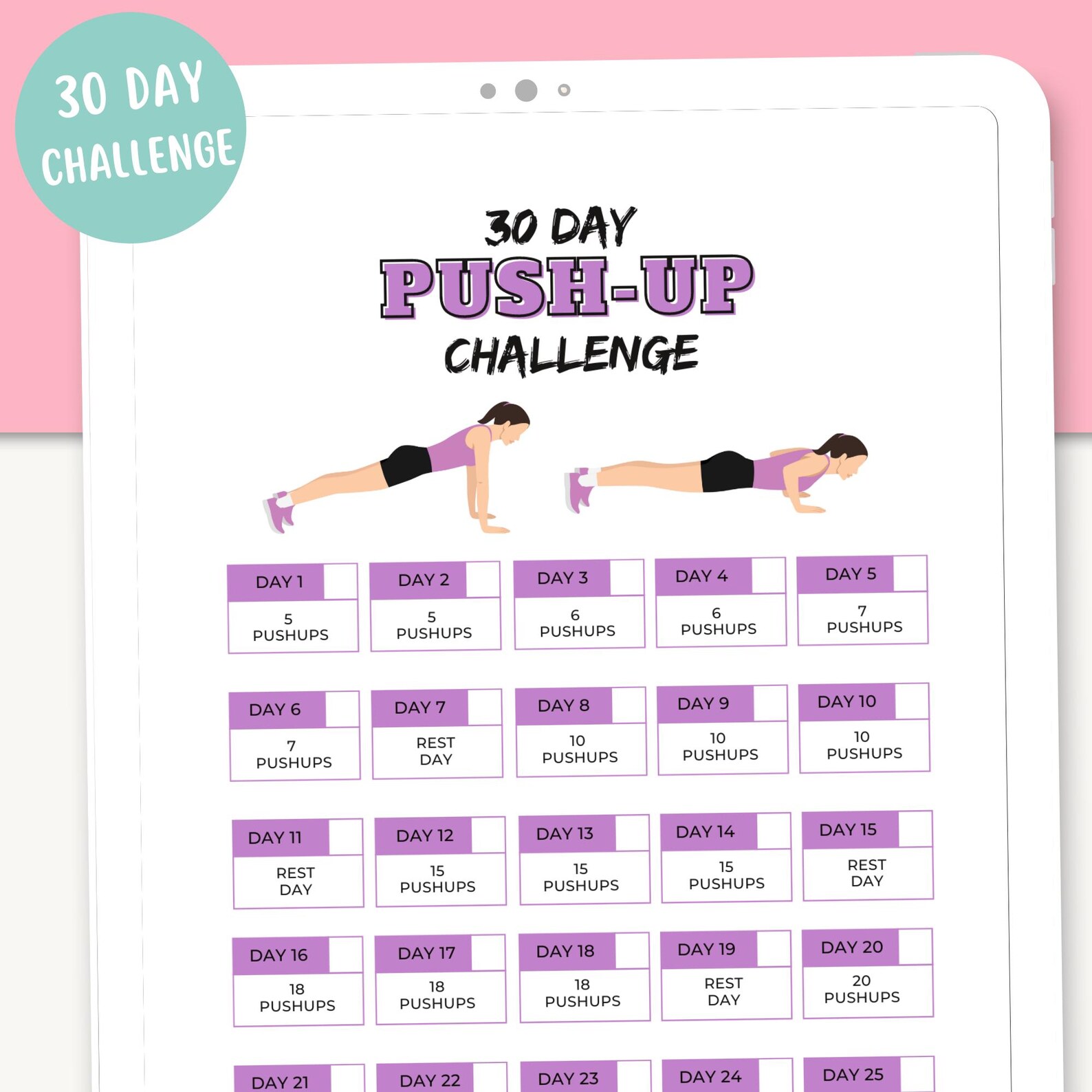 30 Day Push up Challenge | 30 Day Challenge Printable | Digital ...