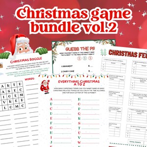 Könnte beinhalten: Ein druckbares Weihnachts-Spielpaket mit drei verschiedenen Spielen: Christmas Boggle, Rate den Preis und Alles über Weihnachten von A bis Z. Die Spiele sind in einem rot-weißen Farbschema gestaltet und zeigen festliche Weihnachtsmotive.