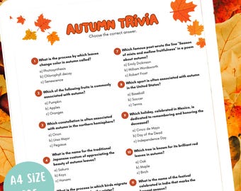 Peut inclure: Un quiz d'automne coloré avec 12 questions sur la saison. Le quiz couvre des sujets tels que le processus de changement de couleur des feuilles, les fruits associés à l'automne, les constellations et les jours fériés.