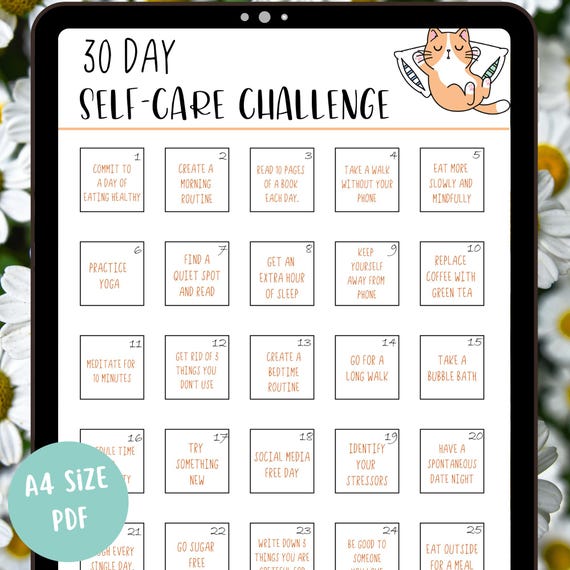 30 Day Self care Challenge | 30 day challenge printable | Digital download | 30 Day Self Love Challenge | Mental Health