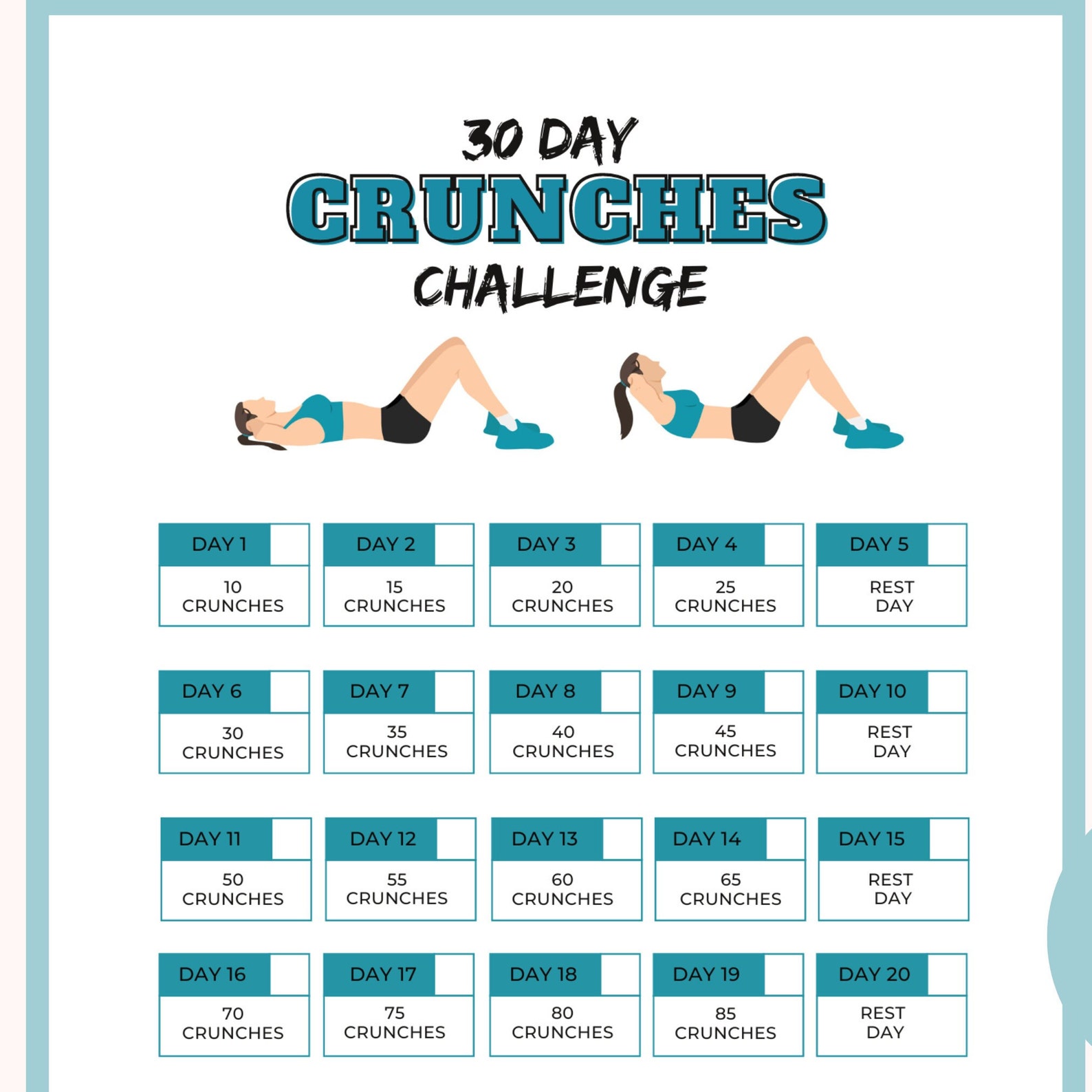 30-day Crunches Challenge Printable PDF Workout Plan Printable Crunches ...