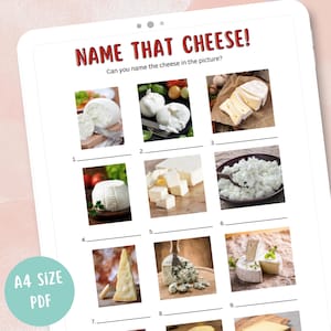 Puede incluir: Una hoja de trabajo imprimible con nueve imágenes de diferentes tipos de queso. La hoja de trabajo se titula "Name That Cheese!" y pide al usuario que nombre el queso en cada imagen.