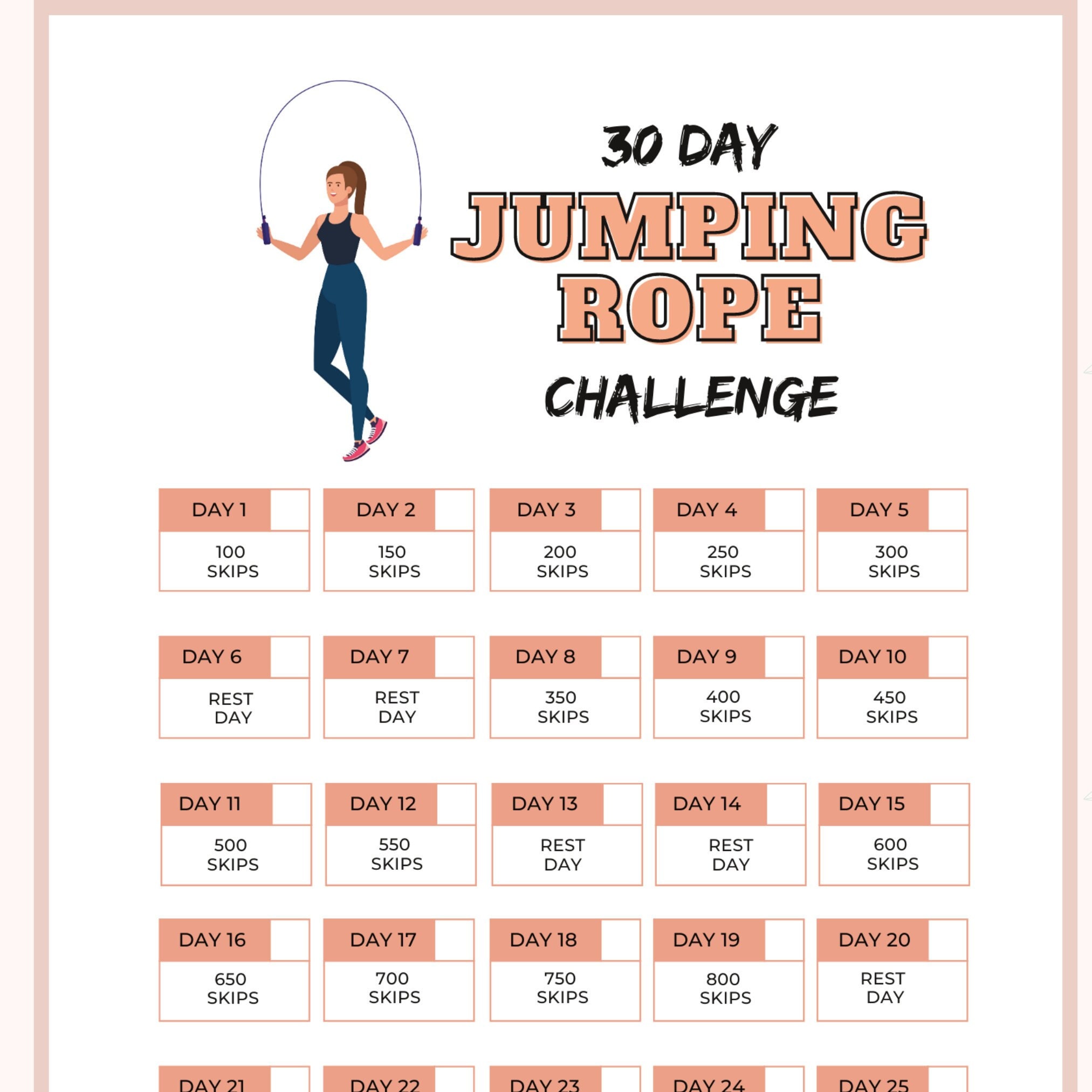 30 Day Jumping Rope Challenge 30 Day Challenge Printable Digital