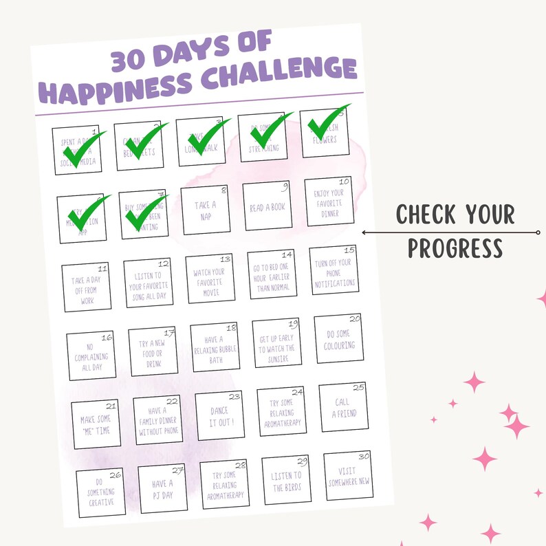 May include: A printable 30-day happiness challenge checklist with green checkmarks on the first few boxes. The checklist includes activities like taking a nap, reading a book, and enjoying your favorite dinner.