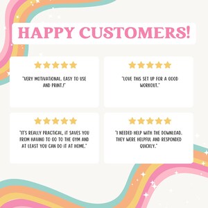 May include: Four customer reviews with five-star ratings for a workout program. The reviews highlight the program's motivational and practical aspects, ease of use, and helpful customer service.