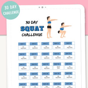 30 Day Squat Challenge | 30 day challenge printable | Digital download | Fitness Exercises