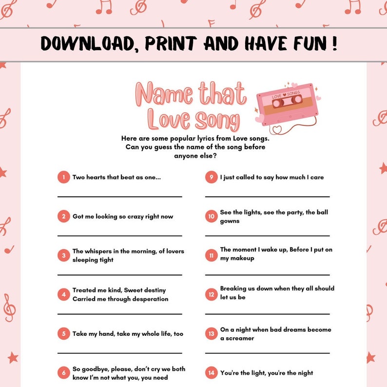 Guess the Name of the Song Challenge Printable Game With Popular Love