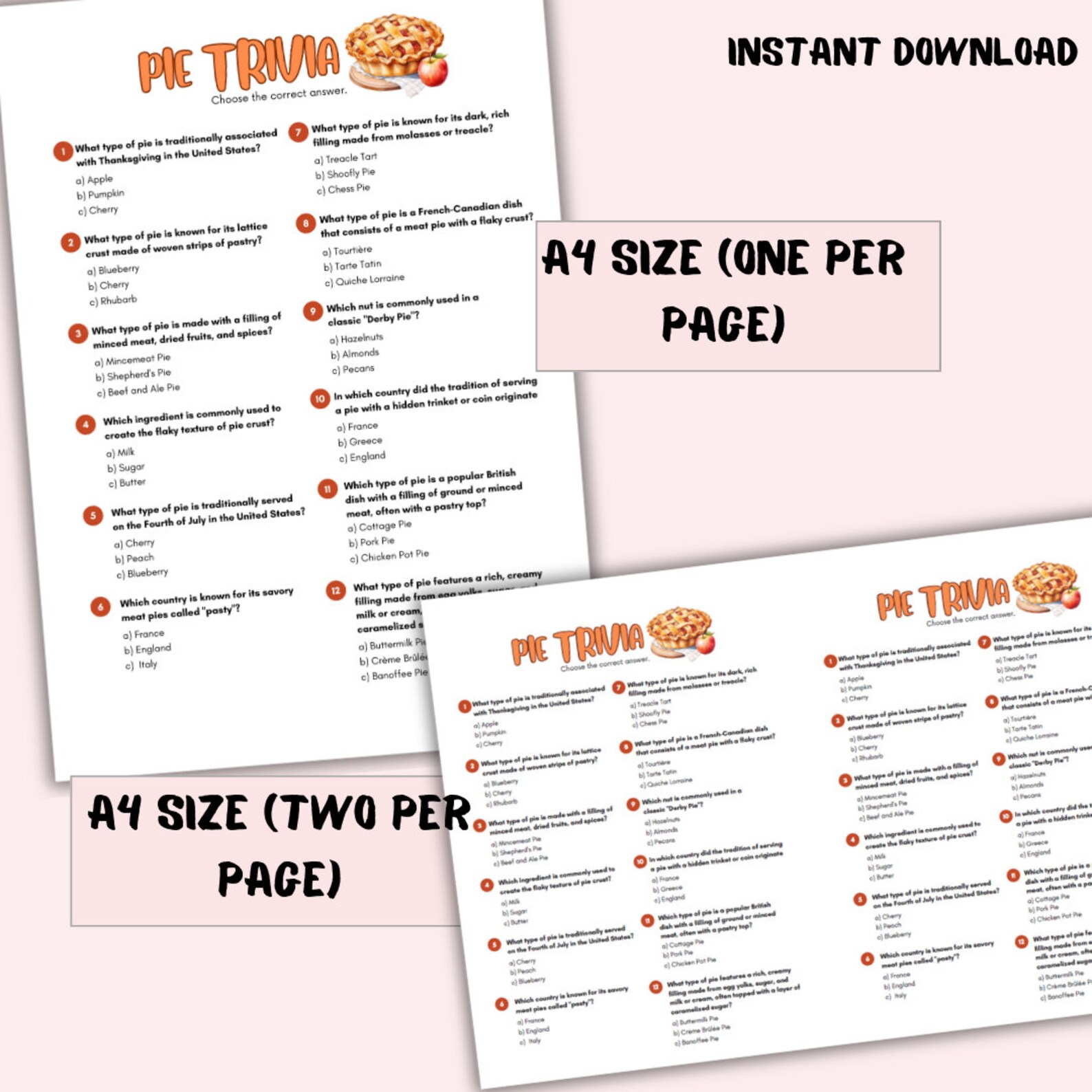 Pie Theme Multiple Choice Trivia Sheet Perfect for Foodies Printable