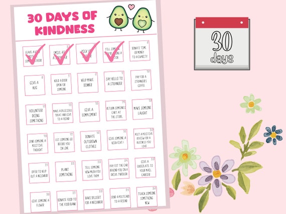 30 Days of Kindness Challenge 30 Day Challenge Printable | Etsy
