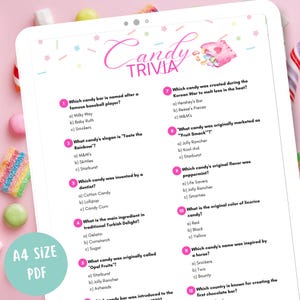 May include: A printable Candy Trivia quiz with 12 questions about popular candy brands and their history. The quiz is designed for a fun and engaging learning experience about candy.