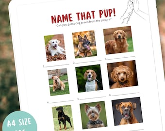 子犬の名前当てクイズ | デジタルダウンロード | 楽しい犬種当てゲーム | 印刷可能な画像クイズ - 犬種 | 家族でゲームナイト