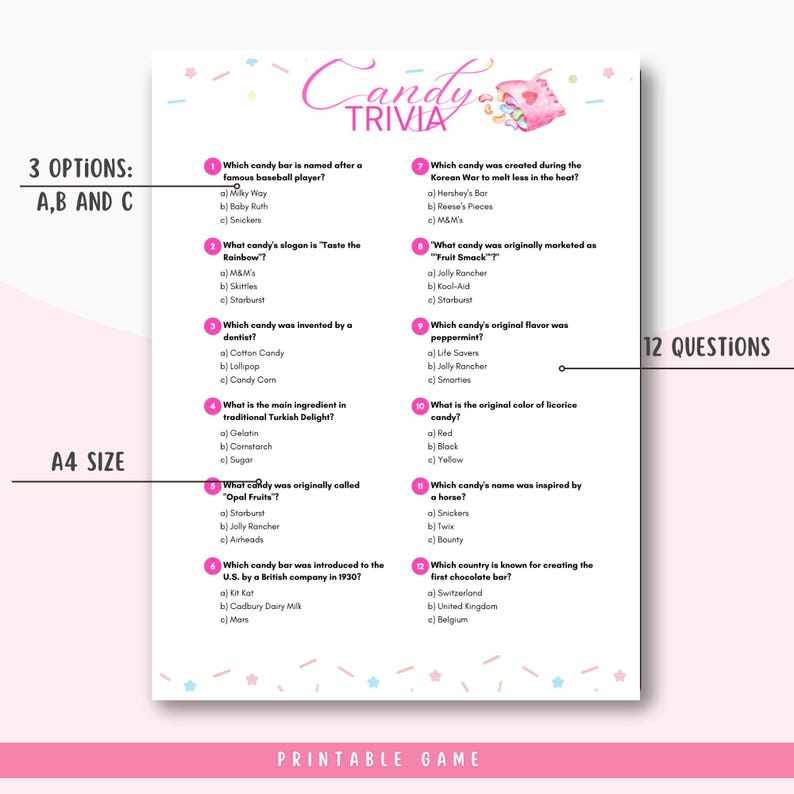 Candy Questions Printable Candy Trivia Game, Fun & Engaging 12 Multiple-choice ...