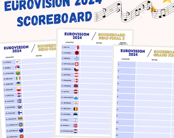 Tableau d'affichage de l'Eurovision | Feuilles de pointage imprimables | Activités de la fête de l'Eurovision | Tableau d'affichage de l'Eurovision 2024 PDF, demi-finales 1 et 2, grande finale