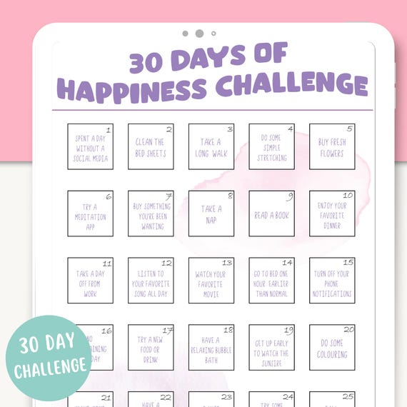 30 Day Self Love Challenge |  30 Day Challenge Tracker | Monthly Happiness Self Care Planner Printable
