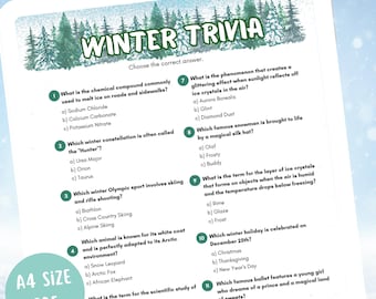 May include: A printable winter trivia quiz with 12 questions and multiple choice answers. The quiz covers topics like winter weather, constellations, Olympic sports, and winter holidays. The quiz is designed for a fun and educational activity.