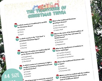 May include: A Christmas trivia quiz with 12 questions about Christmas traditions around the world. The questions are numbered 1 through 12 and have multiple choice answers. The quiz is printed on a white background with a green border.