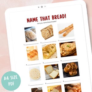 May include: A digital worksheet titled "NAME THAT BREAD!" with various bread types for identification. The worksheet includes images of different breads, such as baguettes, bagels, and flatbreads, with numbered spaces for answers. The text "A4 SIZE PDF" is in a teal circle.