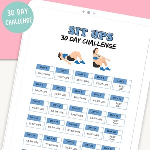 Puede incluir: Un gráfico de desafío de abdominales de 30 días con ilustraciones de una persona haciendo abdominales. El gráfico muestra el número de abdominales que se deben hacer cada día, con días de descanso incluidos.