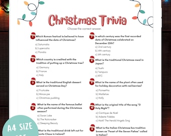 May include: A Christmas trivia quiz with 11 questions and multiple choice answers. The questions cover topics such as the origin of Christmas, traditional foods and drinks, and holiday decorations.