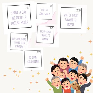 May include: A set of 10 cards with numbers and activities to do. The activities include spending a day without social media, taking a long walk, watching your favorite movie, buying something you've been wanting, enjoying your favorite dinner, and doing some coloring.