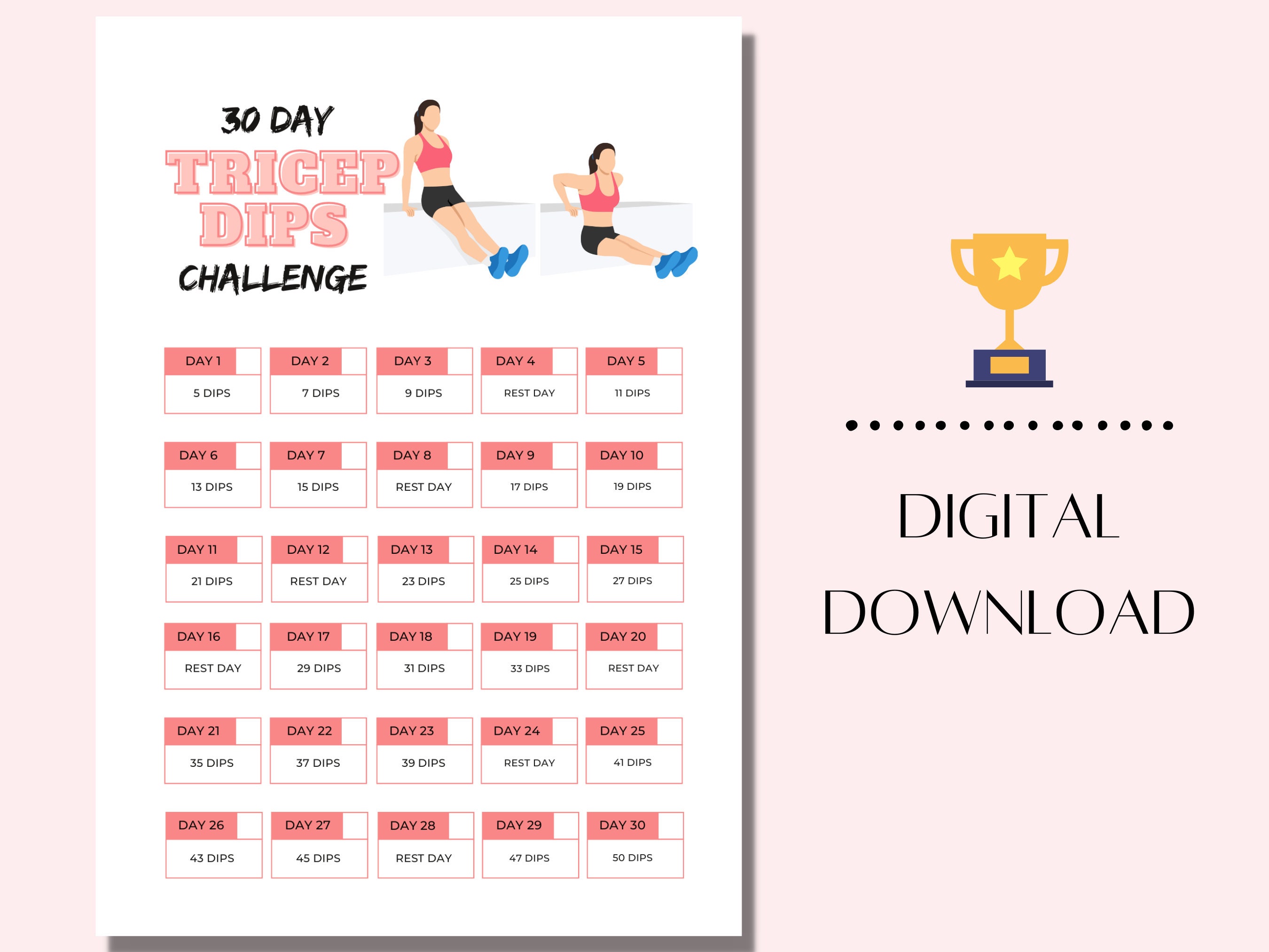30 day Tricep Dips Challenge Printable PDF Workout Plan Digital