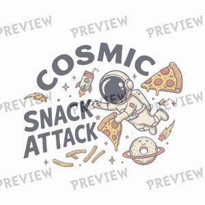 Kosmisk snackattack PNG sublimeringsdesign, astronautpizza rymdclipart, rolig barnrymd-T-shirt PNG, skräpmat för yttre rymden
