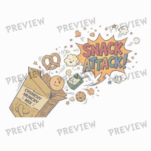 Könnte beinhalten: Eine grafische Illustration mit einer offenen Pappschachtel mit der Aufschrift Crunchy Munchy Mix, aus der verschiedene Snacks wie eine Brezel, Kekse und eine Saftbox herausfliegen. Eine Sprechblase im Comic-Stil enthält den Text SNACK ATTACK!.