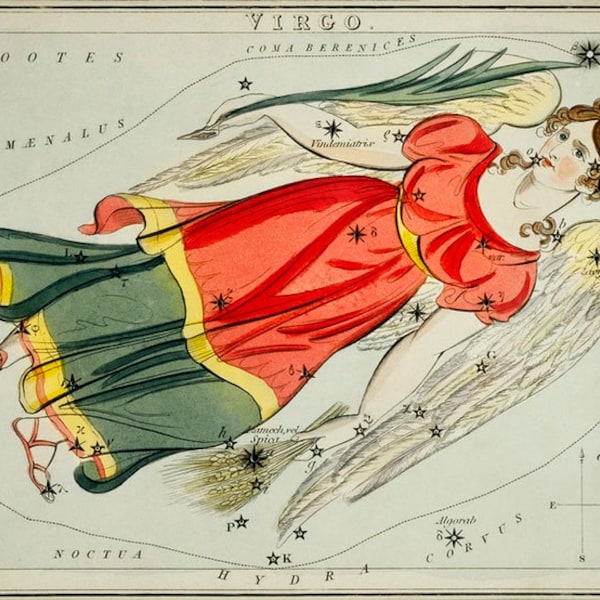 Virgo Constellation Engraving Sidney Hall (1825) High Resolution print for digital download, zodiac sign print