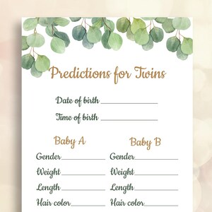 Prédictions pour les jumeaux, jeu de baby shower d'eucalyptus, baby shower de verdure à imprimer
