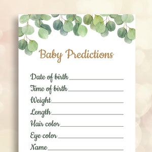 Baby-Vorhersagen Greenery Babypartyspiele Eukalyptus-Babypartyspiel zum Ausdrucken