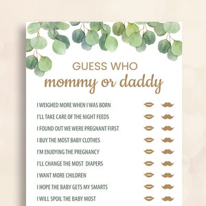 EDITABLE eucalyptus guess who mommy or daddy Greenery baby shower games printable