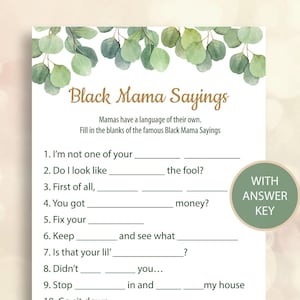 Juego de baby shower con dichos de Black Mama, juego de baby shower de eucalipto, baby shower con vegetación imprimible