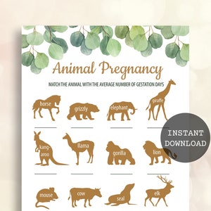 Animal pregnancy game Animal gestation game Greenery baby shower games printable Eucalyptus baby shower