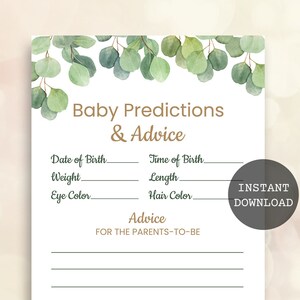 Prédictions et conseils pour bébé Jeux de verdure pour baby shower Jeux de baby shower d'eucalyptus à imprimer