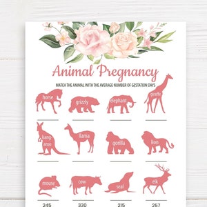 Floral animal pregnancy game Animal gestation game Blush pink floral baby shower games printable
