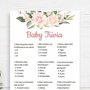 Baby trivia game Floral baby shower games printable Blush pink baby shower